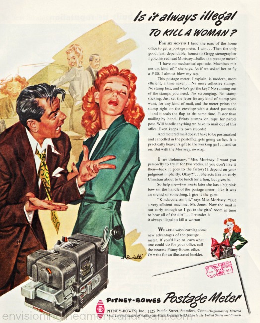 Vintage sexist ad illustration man and woman office 1940s