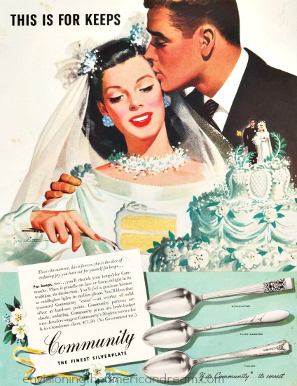 vintage illustration bride and groom cutting cake