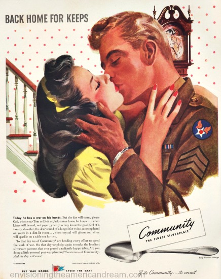 community silver ad WWII Vintage illustration soldier kissinghis  girl