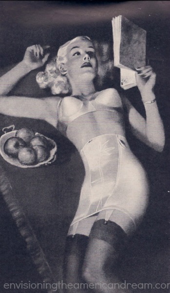 vintage illustration woman reading book in lingerie formfit 1949 