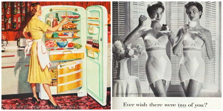 vintage illustration 1950s housewife refrigerator and 2 women in girdles eating 