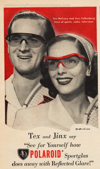 Tex McCray and Jinx Falkenberg wear sunglasses 1940s advertisement
