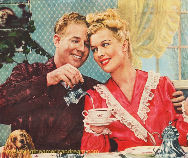 happy 1940s husband and wifeover coffee