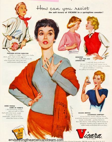 Vintage ad Vicara 1954 vintage womens fashion Synthetic fabrics