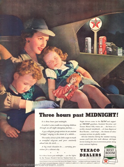 vintage illustration 1940 Mother and 2 children in car