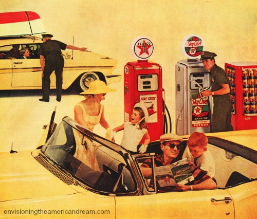 vintage image 1950s family in car at gas station