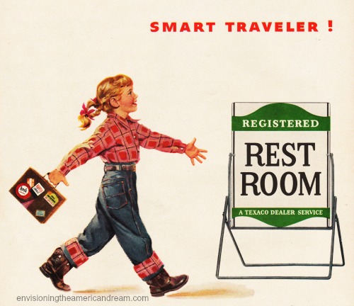 vintage illustration girl walking towards gas station rest room sign
