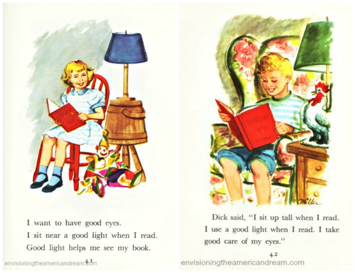 vintage schoolbook  illustrations children reading 1950s
