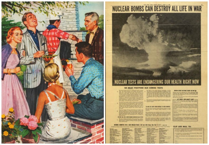  collage vintage happy people at backyard barbecue and ad calling for an end to nuclear bomb testing 