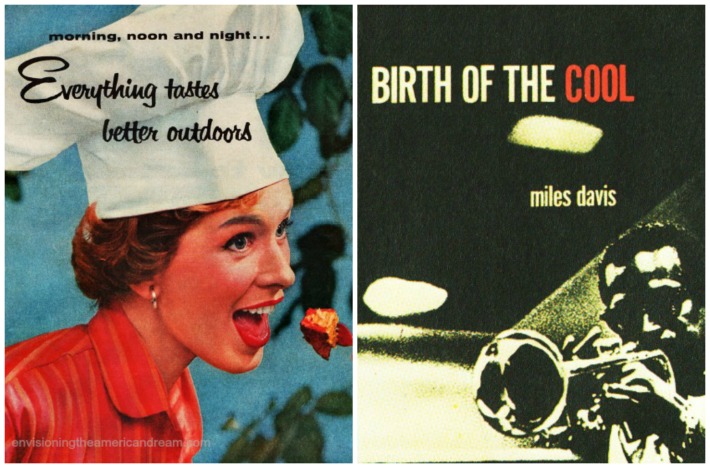 Vintage suburban woman in chefs hat, Miles Davis Birth of the Cool album