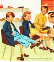 vintage illustration children at shoe store