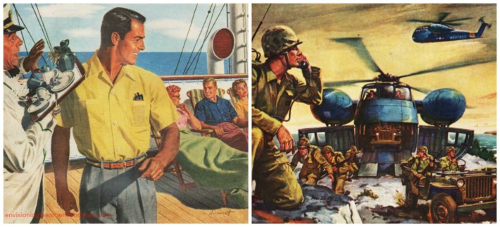 vintage illustrations men on cruise shio and soldiers at war