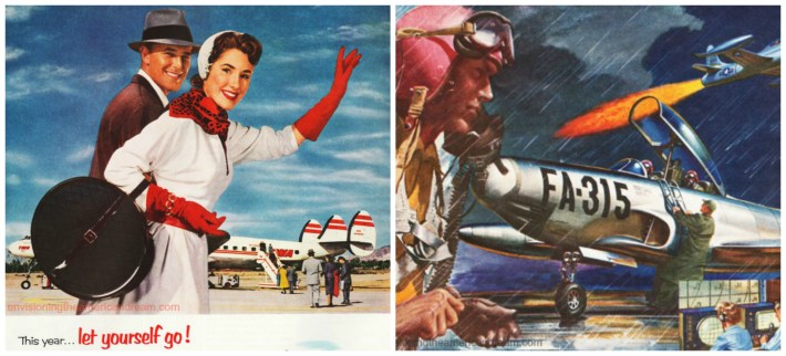 vintage illustration couple at airport and aur force pilot