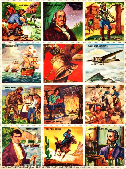 Vintage childrens bok illustration American History Stamps 