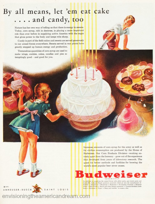 vintage ad Budweiser WWII illustration of children and candy