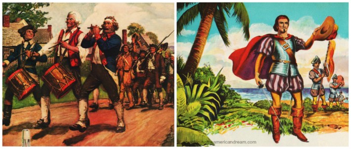 Vintage schoolbook illustrations 1776 and Christopher Columbus