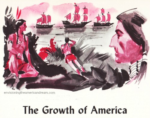 Vintage illustration Indians greeting Columbus ships