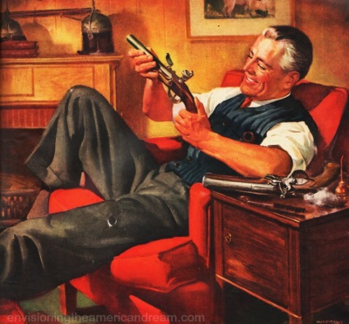 vintage Illustration man holding gun 1940s 