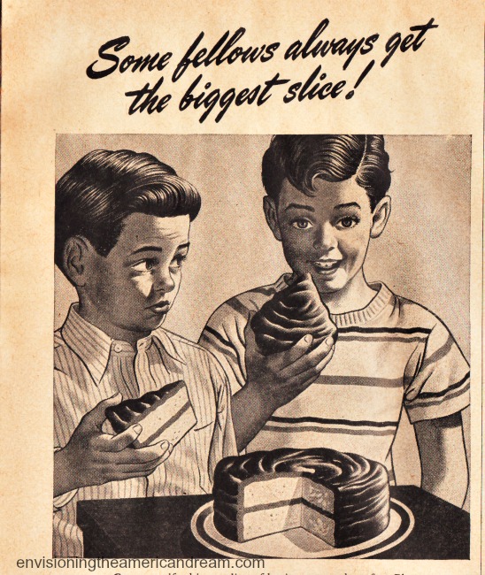 vintage illustration 2 boys holding unequal slice of cake