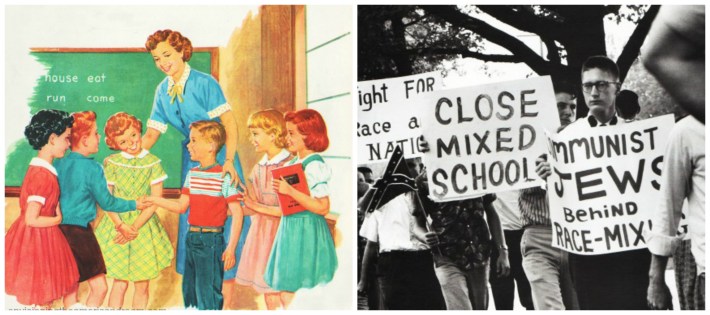 collage civil rights-school integration and vintage school book illustrations