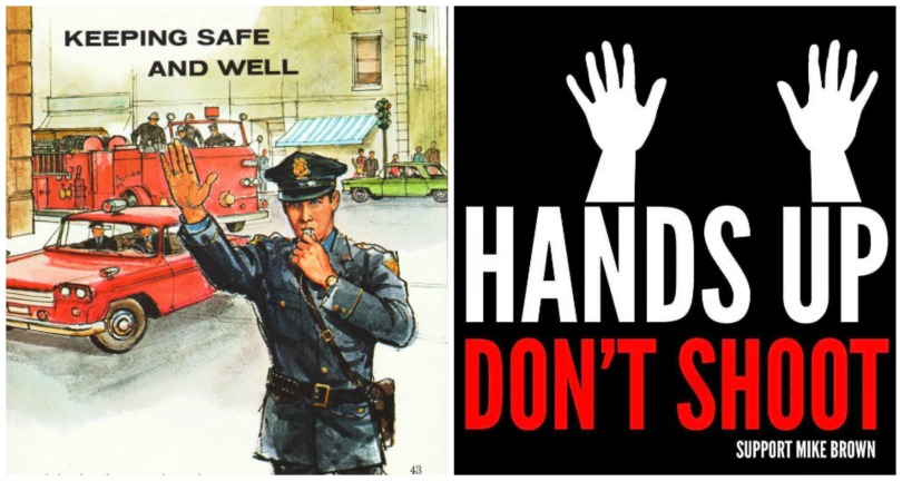 collage vintage illustration policeman poster Hands up don't shoot