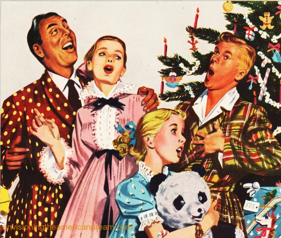 vintage illustration family around Xmas tree 1940s 
