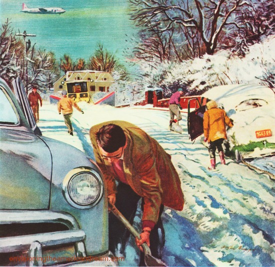 vintage illustration snow storm digging out