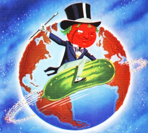 vintage illustration Tom Tomato circling the globe on pickle