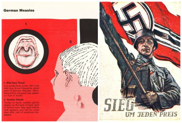 Illustration of German Measles and vintage Nazi stamp