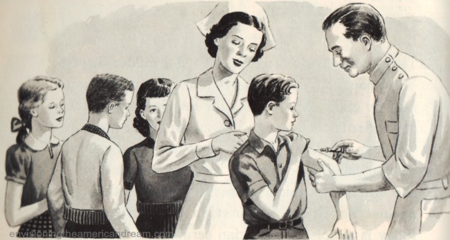 vintage illustration children gettingvaccinated