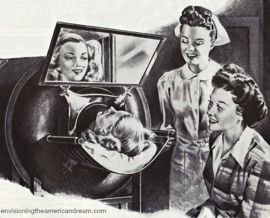 Vintage illustration of patient in an iron lung used in polio treatment 