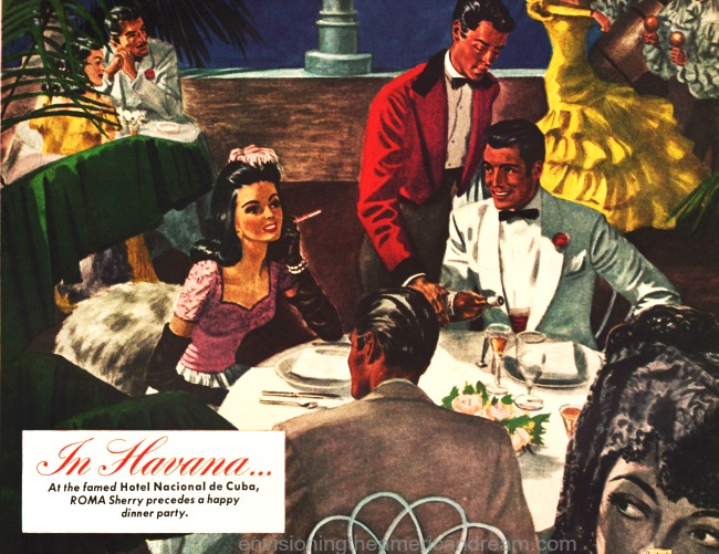vintage illustration ad featuring diners at Hotel Nacional Cuba 