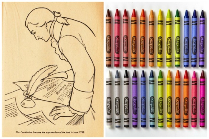 collage of Coloring book page Constitution signing and crayola crayons
