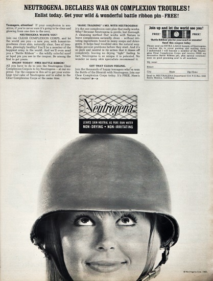 Vintage ad Neutrogena teen girl in combat hat 