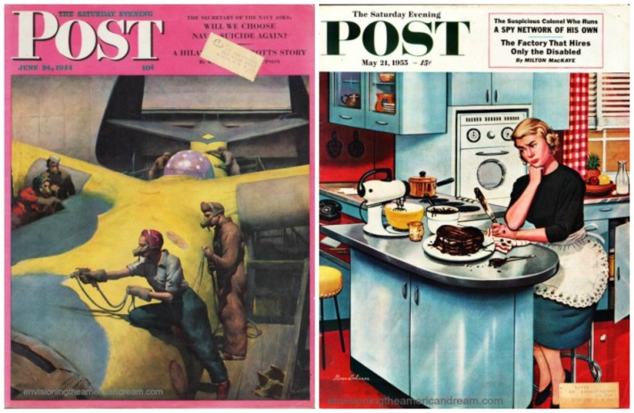 collage cover Saturday Evening Post WWII Rosie Riveter contrasted with 1950s Housewife Cover Girl