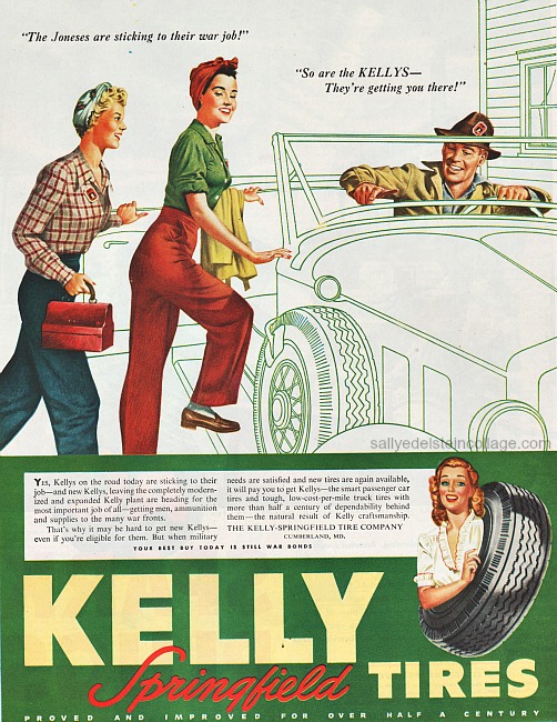 Vintage illustration Rosie the Riveter goes to work in a car