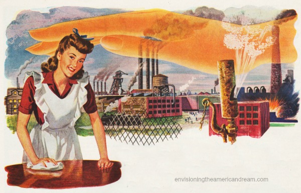 vintage illustration housewife and industry factories 