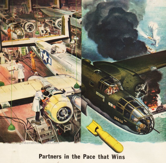 vintage illustration WWII bomber and airline factory 