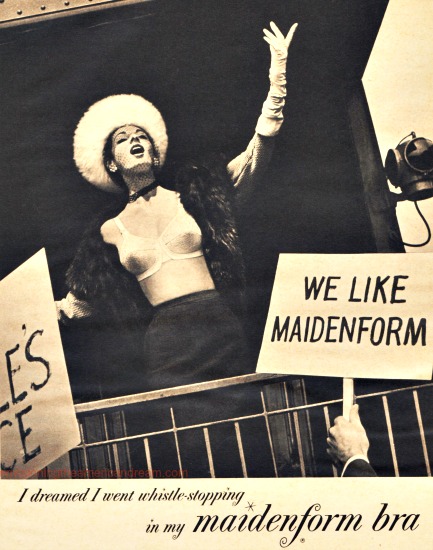vintage Maidenform ad woma in bra campaigning