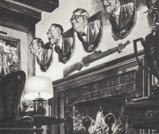 vintage illustration mens heads mounted on walls over fireplace with guns