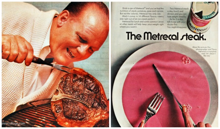 collage vintage Diet Metrecal Steak ad and man and steak
