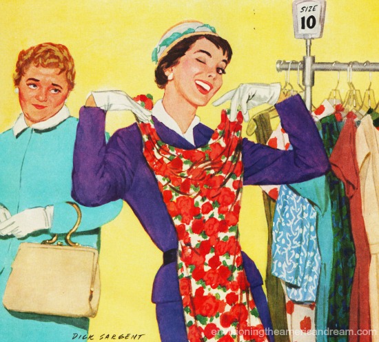 vintage illustration women and dresses in store