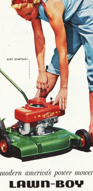 woman and lawn mower 1950s