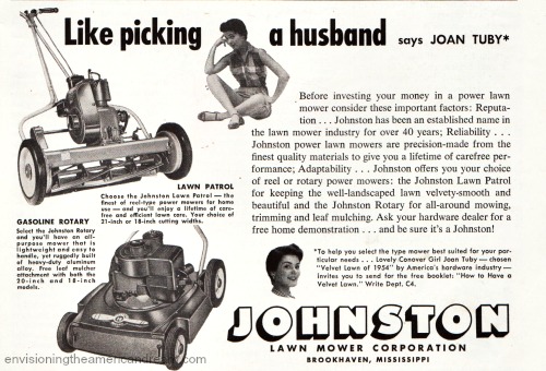 suburbs lawn mower ad 1950s sexist 