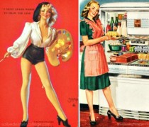 collage vintage pin up and housewife in kitchen