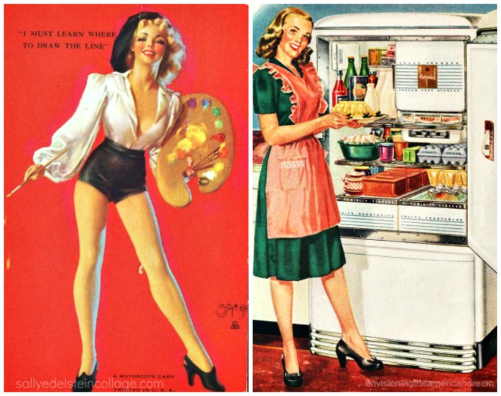 collage  vintage pin up illustration and vintage housewife in kitchen 
