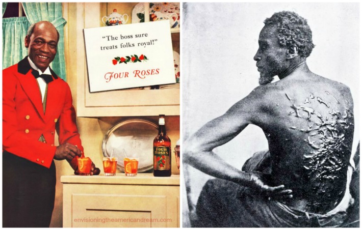 collage vintage ad happy Black butler and vintage photo of slave 