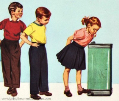 vintage illustration children drinking from water cooler 