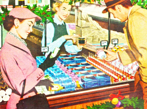 vintage illustration mena nad women shopping woolworths 