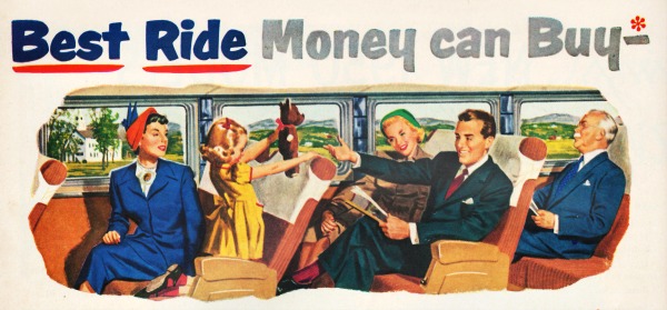 vintage illustration white people on greyhond bus travel 